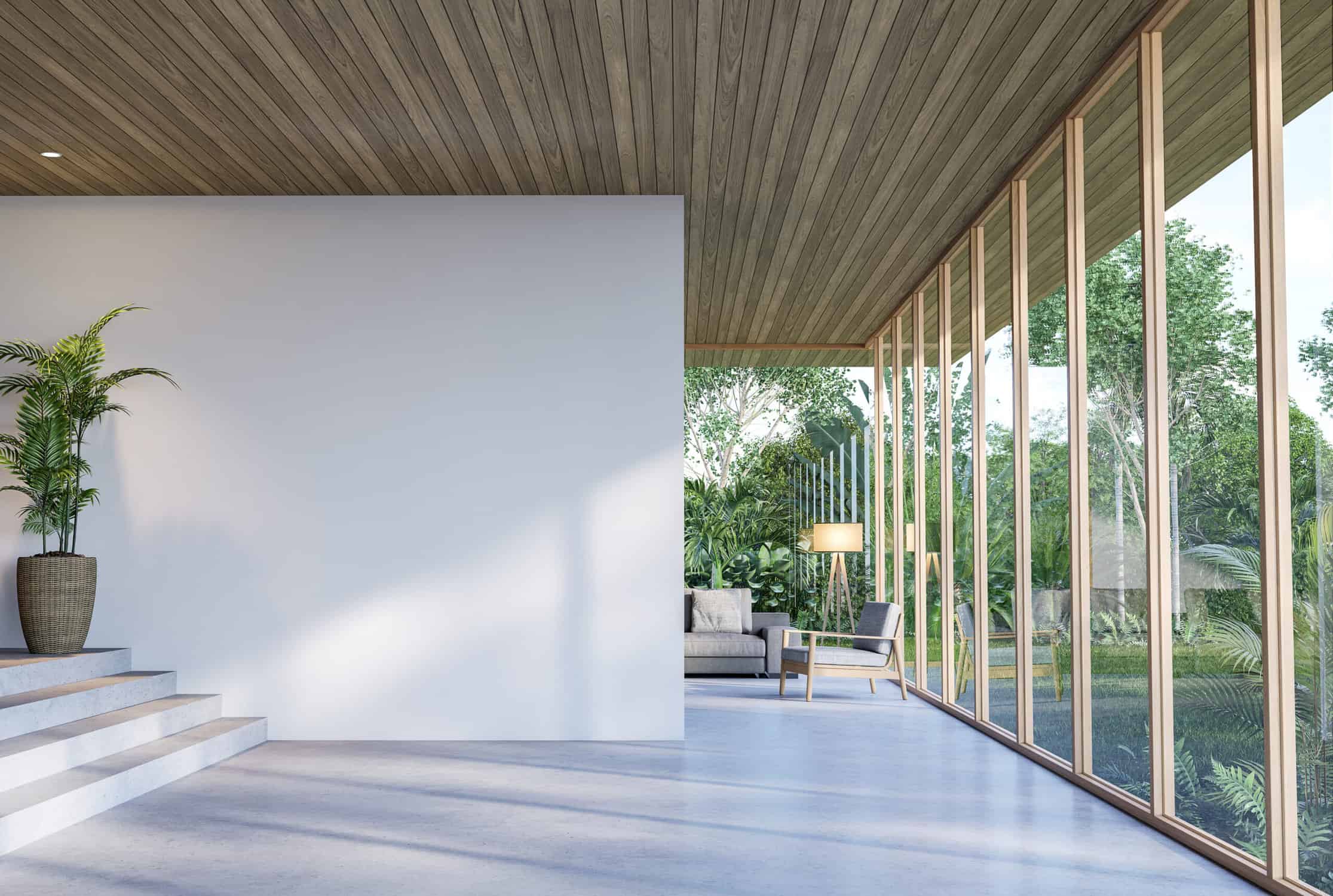 Modern contemporary empty hall with nature view 3d render overlo